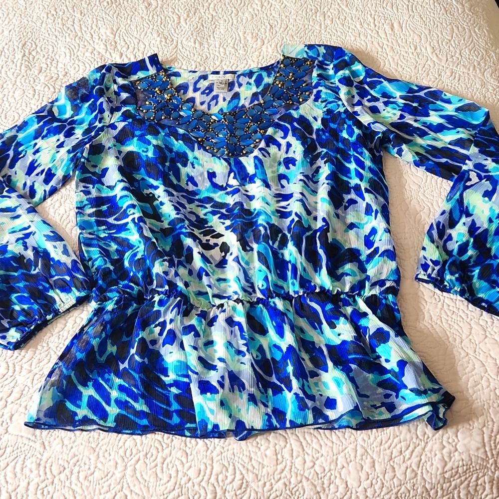 Beaded tunic with vibrant print